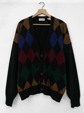 Vintage Collectif Black Argyle Wool Blend Button Grandpa Cardigan Sweater XL